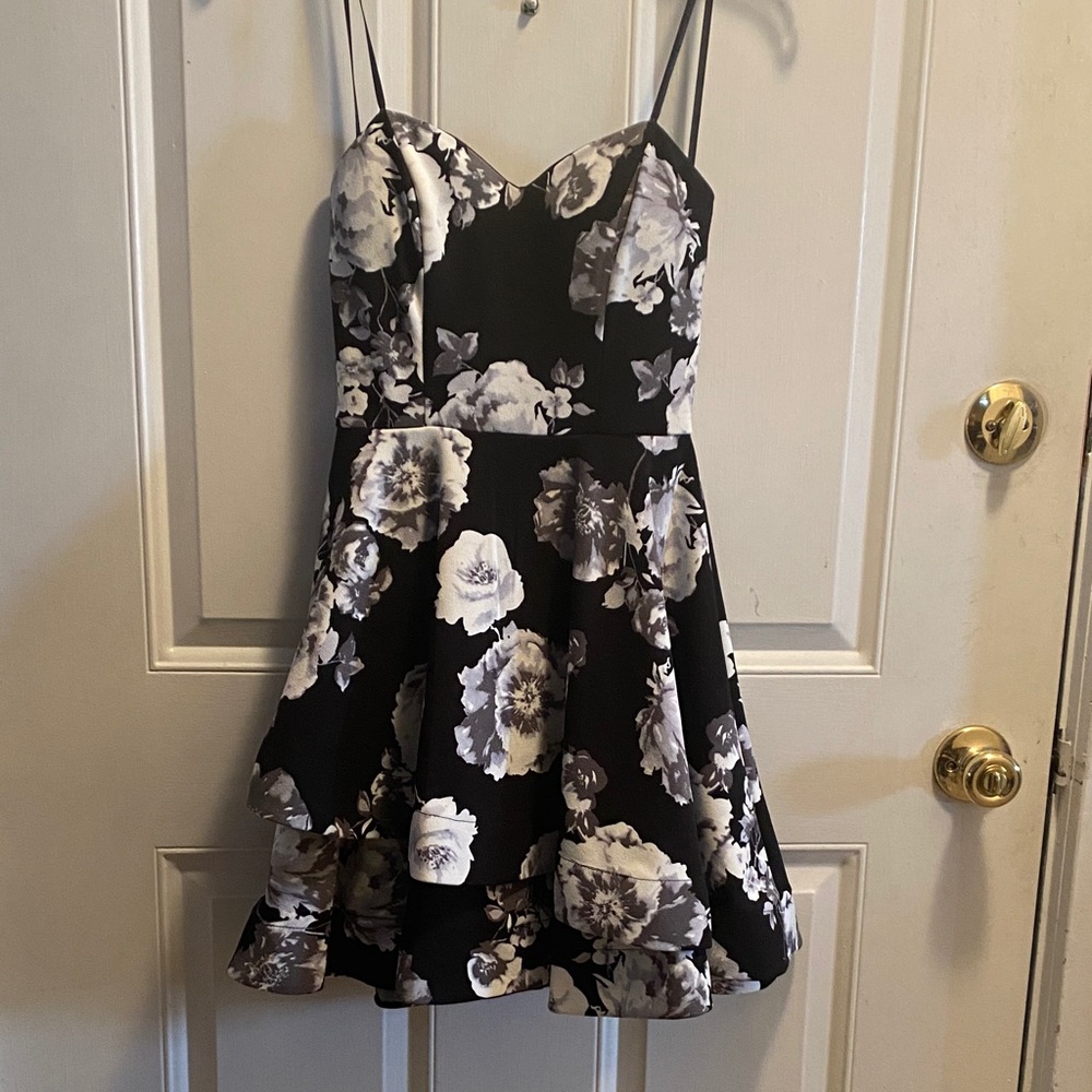 B Darlin Black and White Floral Fit-and-Flare Strapless Dress